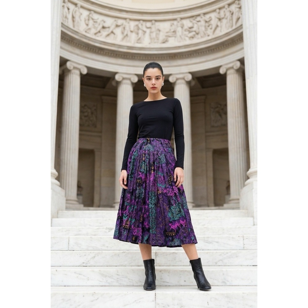 French Navy Vintage Purple Teal Abstract Print Elastic Waist Midi Skirt Medium